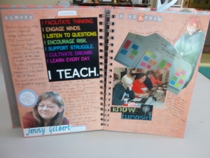 On this page I reflect on my nature as a teacher - there is a lot of journalling here and images of students learning digital scrapbooking and shot of my school classroom post it note activity -  it reflects my range of teaching skills. 